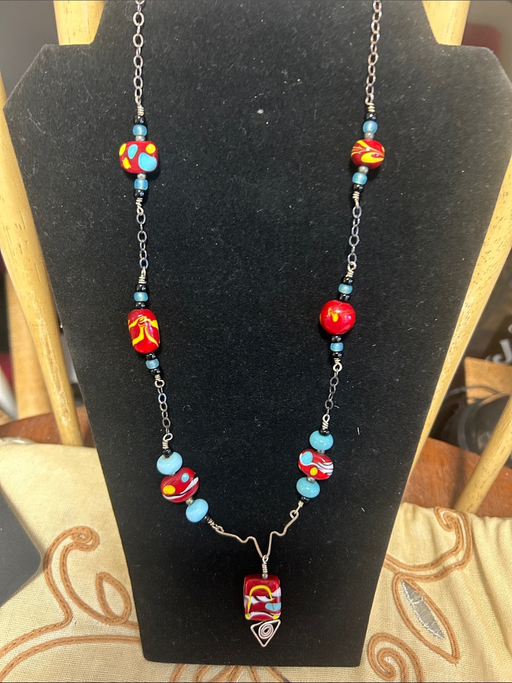 Handcrafted Red & Turquoise Glass Bead Necklace
